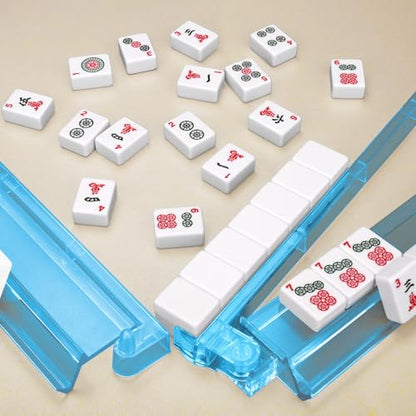 CAYOULR Blue Mahjong Racks with Pushers Set of 4 Clear Acrylic Holders | Portable Mahjong Racks Convenient Rotating One-Piece Mahjong Pushers mahjong racks well-made sturdiness - color: Blue