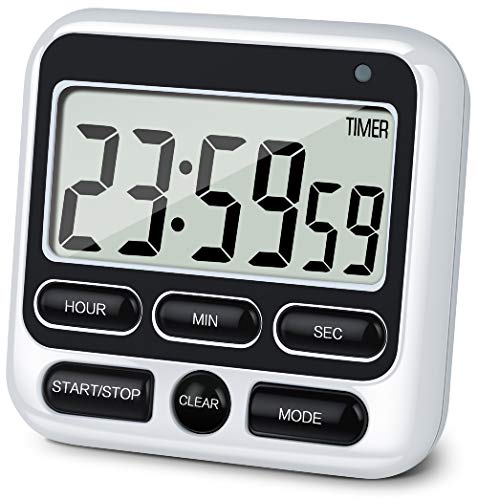 4-in-1 Digital Timer with Count Up/Down, Clock & Alarm, Ring & Silent Modes | Large 2.8-Inch easy-read LCD, On/Off switch, 24-Hour count up/down, Fast-forward function, Magnetic back, stand, hanging hole - color: Black