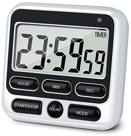4-in-1 Digital Timer with Count Up/Down, Clock & Alarm, Ring & Silent Modes | Large 2.8-Inch easy-read LCD, On/Off switch, 24-Hour count up/down, Fast-forward function, Magnetic back, stand, hanging hole - color: Black