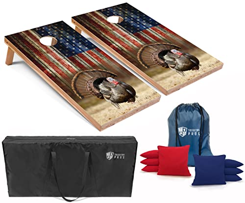 Tailgating Pros Cornhole Board Set w/Bean Bags and Carrying Case - 4'x2' Corn Hole Toss - Tournament and Lightweight Options - Optional LED Lights - color: Turkey/American Flag, size: 4'x2' Boards