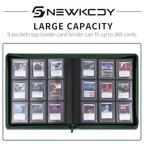 Snekdy Top loader Binder, 9 Pockets Top Loader，Holds 360 Top Loaders cards, Card binder with Sleeves for card in 3 x 4 inch color smooth Zipper PU Leather (Green) - color: Green