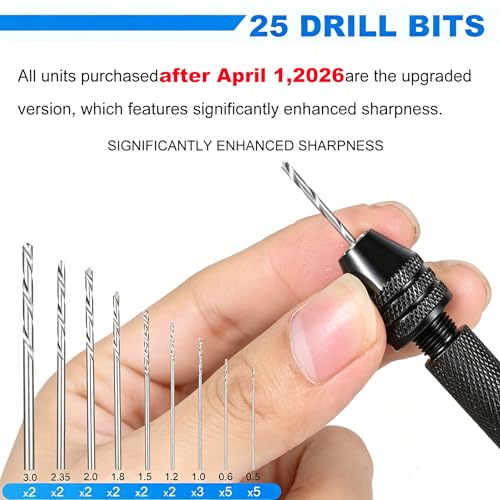26 PCS Micro Drill Bit Set, Pin Vise Hand Drill Manual Jewelry w/Micro Drill Bits (0.5mm-2.5mm), Rotary Craft Drill for Jewelry Making, Resin, Wood, Plastic, Miniature, Beads, Clay