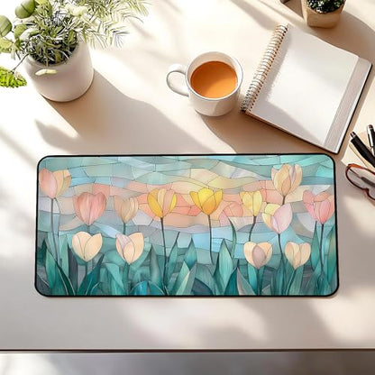 Faux Colorful Glass Desk Mat, Tulip Long Mouse Pad, Large Gaming Computer Keyboard Mats, Soft Full Deskamt, Office Desktop Cover Pad, Aesthetic Desk Accessories, Suitable Women 31.5"X15.7" - color: Yellow Tulip