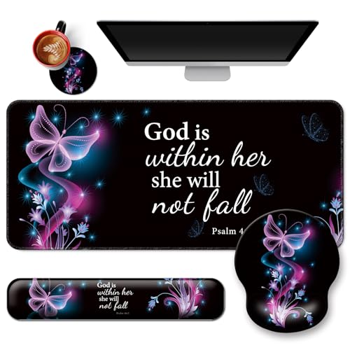 4 in 1 Mouse Pad Set with Wrist Rest for Keyboard,Desk Mat,Coaster-Purple | Desk Matt for Desktop Cute Ergonomic Keyboard Pad Support For Gaming Computer Women Office Home Decor - color: A4-Purple Butterfly