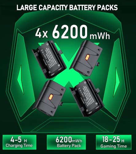 Controller Charger Station with 4x6200mWh Rechargeable Battery Compatible with One/Series X|S Controller | 4 Battery Covers, 2 for X1/X/S/Elite & 2 for Xbox Series S and X, Christmas Accessories - color: Black - 4 Batteries