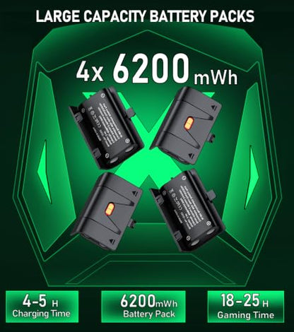 Controller Charger Station with 4x6200mWh Rechargeable Battery Compatible with One/Series X|S Controller | 4 Battery Covers, 2 for X1/X/S/Elite & 2 for Xbox Series S and X, Christmas Accessories - color: Black - 4 Batteries