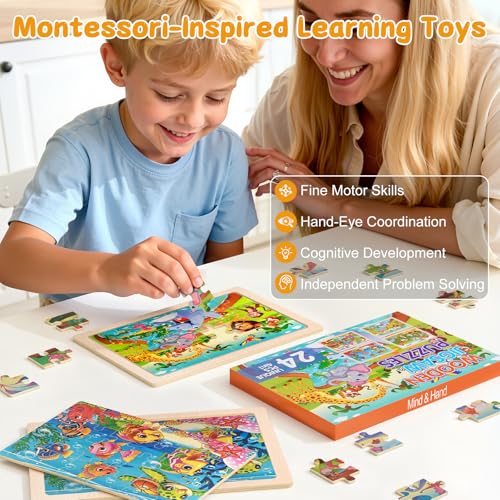 4 Pack Wooden Animal Jigsaw Puzzles for Kids Ages 2-4 Toddler Puzzles Gift | Sensory Toys, Preschool Educational Toys, Toddler Puzzles Gift for 3 4 5 Year Old Boys Girls - color: Animal