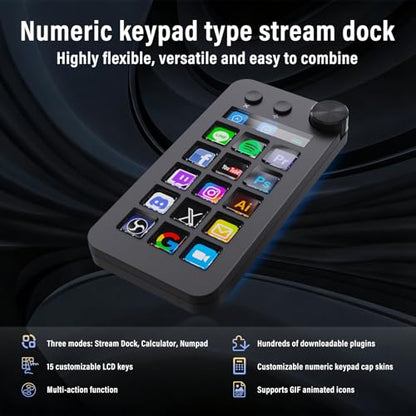Streaming Deck,Macro pad/Calculator/Numeric Keypad Three Modes | 15 Customizable Macro Keys and LCD Bar,Large Dial,Work Efficiency Device,Compatible with Windows and Mac(N1 Black) - color: Black