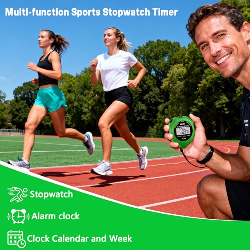 Stopwatch Timer, Digital Stop-Watch for Sports, Green | Multi-function Stopwatch with Single Split/Lap Timing, Button Beep Alarm Clock, Ideal for Coaches Kids PE-teacher - color: Green