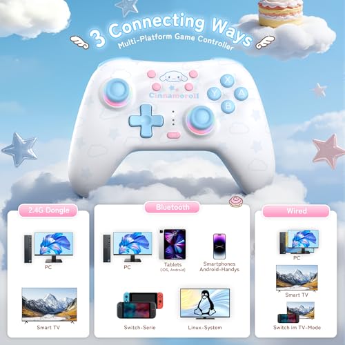 Kuitmor Cinnamoroll Switch Pro Controller, Cute Hall Effect Wireless Gamepad No Drift for Switch 2/Switch/OLED/Lite, PC/Steam, Android, iOS, Bluetooth + Wired, Turbo, Back Buttons, 6-Aixs Gyro, Wake-up, RGB (Blue, Without 2.4g Receiver) - color: Blue