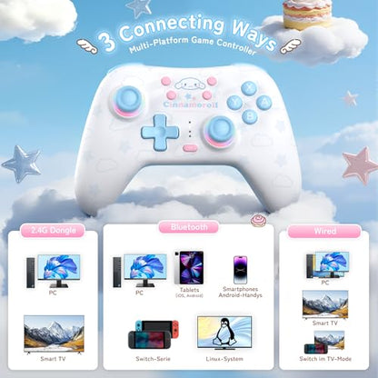 Kuitmor Cinnamoroll Switch Pro Controller, Cute Hall Effect Wireless Gamepad No Drift for Switch 2/Switch/OLED/Lite, PC/Steam, Android, iOS, Bluetooth + Wired, Turbo, Back Buttons, 6-Aixs Gyro, Wake-up, RGB (Blue, Without 2.4g Receiver) - color: Blue