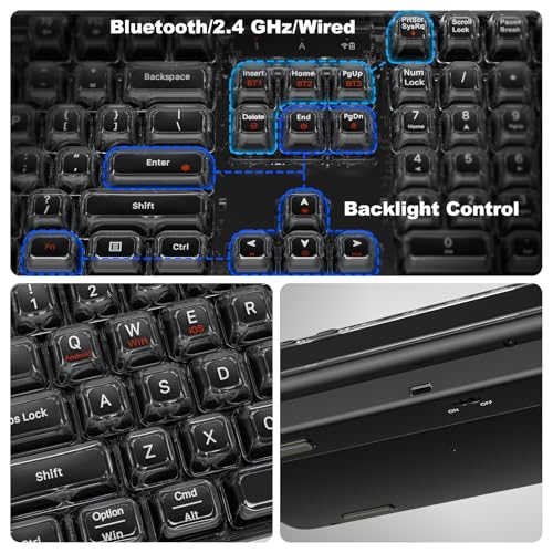 GEEZER Computer Backlit Keyboard Black Crystal - Full-Size Bluetooth Wireless Rechargeable Transparent Keycap Portable Keyboards Compatible with Windows, Laptop, PC, Desktop - color: Black Crystal