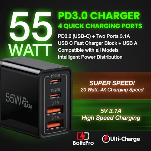 Ulti Charger 4 Ports Quick USBC Charger Boltz Pro Fast Charging Block | Wall Charging Block for Smart Phones, Tablets, Devices with Multiple Ports for Travel & Home, USB C x2, USB A x2, Compact