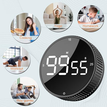 Digital Kitchen Timer - Magnetic Countdown Count Up Clock with Large LED Display, 5/15/25 Min Presets, 3 Volume Levels, Rotary Dial for Cooking, Productivity, Classroom, Fitness (1, Black) - color: Black