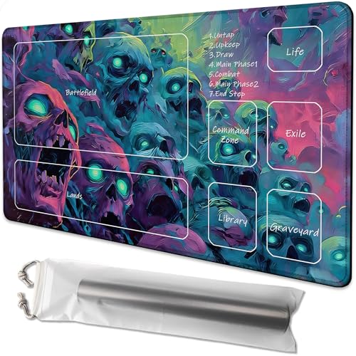 Playmat for MTG Fantasy Skull Magic Play Mat 24x14 Inch Card Game Mat for Magic The Gathering TCG PTCG Playmat with Free Storage Bags Non-Slip Backing and Stitched Edge - color: Fantasy Skull With Zones