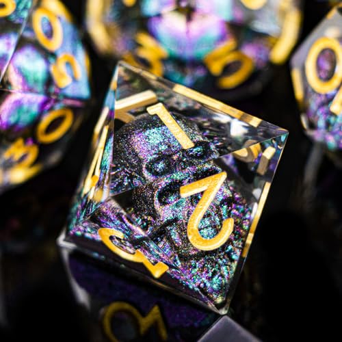 DND Skull Dice Set 7PCS Necromancer Polyhedral Dice for Dungeons Dragons RPG Role Playing Game, Resin Sharp Edged D and D Dice with Gift Box D6 D8 D10 D12 D20 (Purple Green) - color: Purple Green&gold