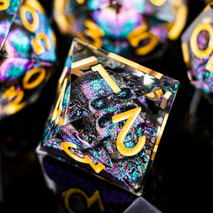 DND Skull Dice Set 7PCS Necromancer Polyhedral Dice for Dungeons Dragons RPG Role Playing Game, Resin Sharp Edged D and D Dice with Gift Box D6 D8 D10 D12 D20 (Purple Green) - color: Purple Green&gold