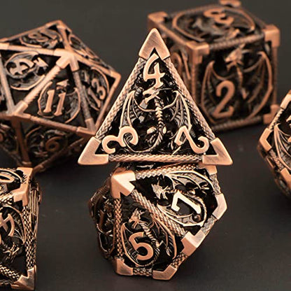 KERWELLSI Hollow DND Dice Set D&D with Gifts Box, 7pcs Polyhedral Metal D and D Dice for Role Playing Game, Dungeon Dragon Dice D20 D12 D10 D8 D6 D4 (Copper) - color: Copper