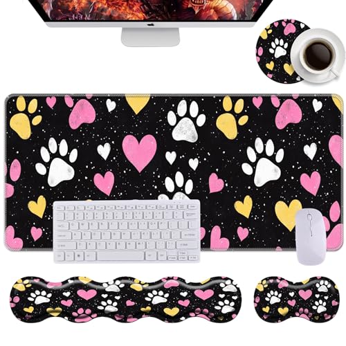 Keyboard Wrist Rest+Mouse Wrist Pad+Desk Pad Set,Memory Foam Ergonomic Easy Typing Pain Relief for Computer Laptop Office Home - Cute Colorful Dog Paws Pattern - color: Cute Colorful Dog Paws Pattern