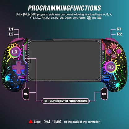 Mobile Game Controller for iPhone/Android Handheld Gaming, Wireless Phone Gaming Controllers with (Programmable) /Hall Effect Joysticks & Analog Triggers/Adjustable Turbo (Black with Watercolor Pattern Lights) - color: Black with Watercolor Pattern Lights