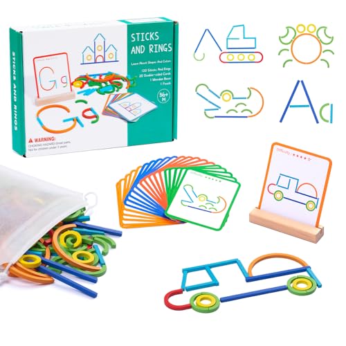 142pcs Wooden Pattern Blocks Montessori Smart Sticks Wooden Tangram Puzzle STEM Toy Activities Preschool Brain Teaser Montessori Toys Gift for 3 4 5 Years Old Kids Boys Girls