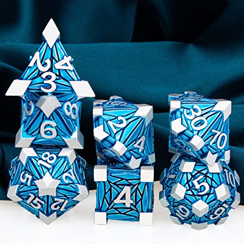 ARUOHHA DND Metal Dice Set Crystal Shards Dice with Gift Box, 7PCS Silver Blue Polyhedral Dice RPG Role Playing Game Handmade 6 Sided D and D Dice Set D20 D12 D10 D8 D6 D4 - color: Silver Blue