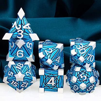 ARUOHHA DND Metal Dice Set Crystal Shards Dice with Gift Box, 7PCS Silver Blue Polyhedral Dice RPG Role Playing Game Handmade 6 Sided D and D Dice Set D20 D12 D10 D8 D6 D4 - color: Silver Blue