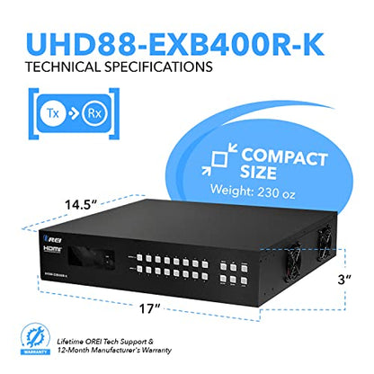 OREI 8x8 HDMI Extender Matrix 4K@60Hz 400ft HDBaseT PoC IR CEC EDID RS-232 | HDBaseT 8x8 Matrix Extender, HDMI Matrix Ethernet – 18Gbps, Dolby Vision, Audio De-Embedding, Web GUI, OLED Display - size: 8x8