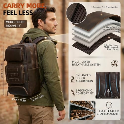 Full Grain Leather Backpack for Men, 17" Laptop Travel Rucksack, Brown | Premium Cowhide Leather, YKK Zippers, Business Trip, 32L, Ergonomic S-Straps, Water Bottle Pocket