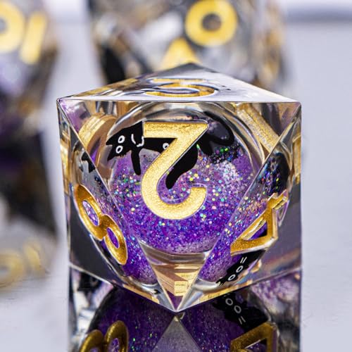 DND Cat Dice Set Purple Sharp Edge Dice with Box, RPG D and D Dice Dungeons Dragons Role Playing Game Polyhedral Resin Dice Set D20 D12 D10 D8 D6 D4 - color: Golden Purple