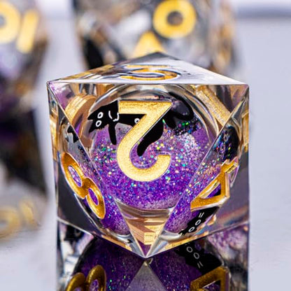 DND Cat Dice Set Purple Sharp Edge Dice with Box, RPG D and D Dice Dungeons Dragons Role Playing Game Polyhedral Resin Dice Set D20 D12 D10 D8 D6 D4 - color: Golden Purple
