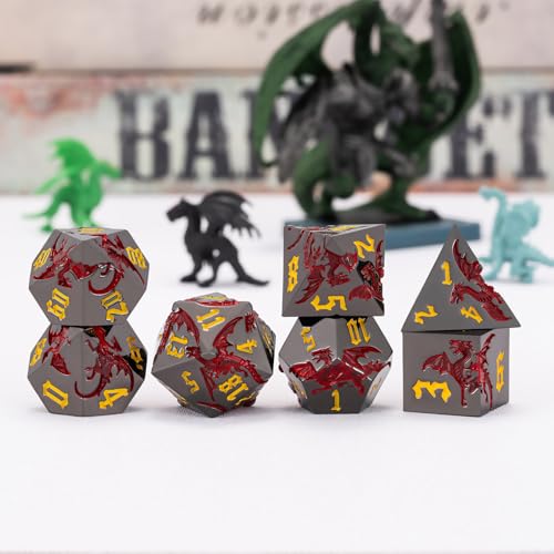 DND Metal Dragon Dice Set with Dragon, Metallic Polyhedral Dice Set for Dungeons and Dragons RPG TTRPG D&D Die with Gift Case (Dragon-Black Nickel Red) - color: Dragon-black Nickel Red