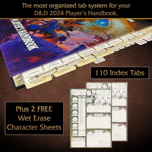 DND 2024 Player’s Handbook Index Tabs. 110 Premium Sticky Tabs for the Dungeons and Dragons 2024 Player Handbook with 2 Erasable Character Sheets.