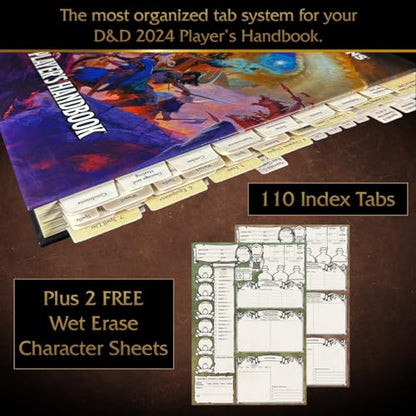 DND 2024 Player’s Handbook Index Tabs. 110 Premium Sticky Tabs for the Dungeons and Dragons 2024 Player Handbook with 2 Erasable Character Sheets.