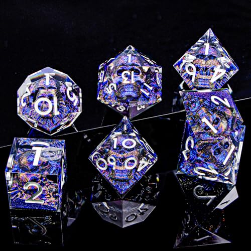 DND Skull Dice Set 7PCS Necromancer Polyhedral Dice for Dungeons Dragons RPG Role Playing Game, Resin Sharp Edged D and D Dice with Gift Box D6 D8 D10 D12 D20 (Blue-Violet) - color: Blue Purple&silver