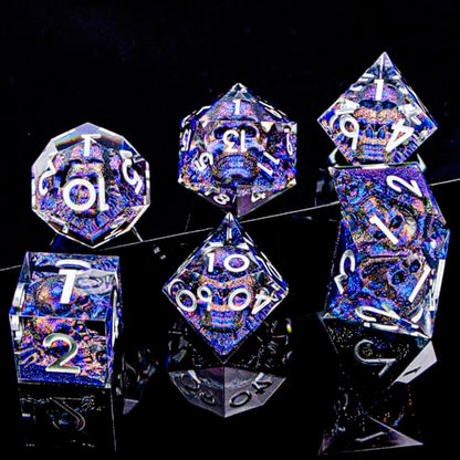 DND Skull Dice Set 7PCS Necromancer Polyhedral Dice for Dungeons Dragons RPG Role Playing Game, Resin Sharp Edged D and D Dice with Gift Box D6 D8 D10 D12 D20 (Blue-Violet) - color: Blue Purple&silver