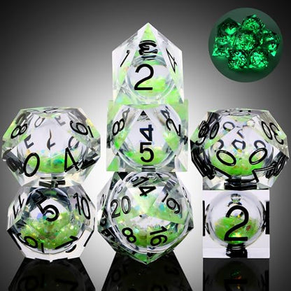 DNDND Luminous Liquid Sharp-Edge Dice Set 7PCS - Clear Resin Polyhedral Dice with Glow-in-the-Dark Green Liquid Orb & Glitter for D&D RPG Table Games （Glow Green - color: Glow Green