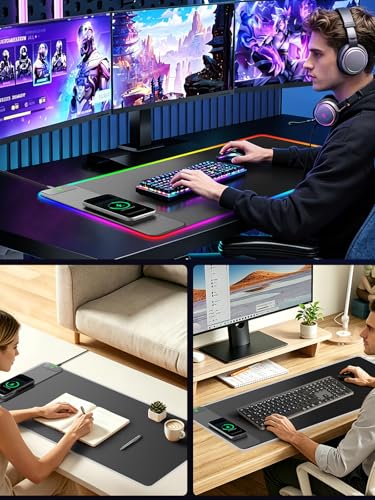 Wireless Charging Mouse Pad Gaming, 31.5"x15.8" Large Desk Mat, Waterproof | RGB Mousepad, Smooth Glide, Stitched Edge, Non-Slip Rubber Base, Desk Pad Computer Keyboard Mat, No Adapter - color: RGB-31.5"x15.8"