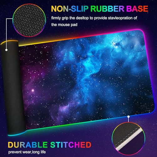 ARTSO RGB Mouse Pad Led,XXL Large Mouse Pad Purple Blue Starry Nebula, Big Mouse mat Computer Mousepad with 14 Light Modes, 35.4 x15.7 Inch Keyboard Mat - color: Purple Blue Starry Nebula