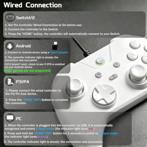 Joso Wired Gaming Controller with 1000Hz Polling Rate, USB Gamepad for Android, Switch, PC & PS4, Turbo and Adjustable Dual Vibration, 6.6-Foot Cable, USB C Adapter Included - color: White