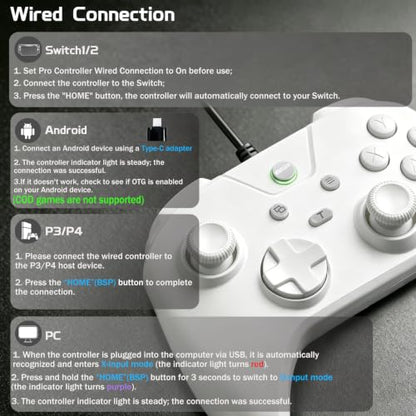 Joso Wired Gaming Controller with 1000Hz Polling Rate, USB Gamepad for Android, Switch, PC & PS4, Turbo and Adjustable Dual Vibration, 6.6-Foot Cable, USB C Adapter Included - color: White