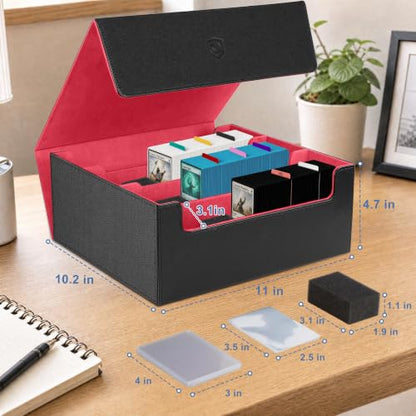 Trading Card Storage Box, Holds 1800 Sleeved Card, PU Magnetic Closure | 200 Toploaders and 600 Penny Sleeves INCLUDED, 10 Dividers and 6 Foam Stoppers INCLUDED, Fit for MTG, TCG and Sports Cards - color: Black and Red