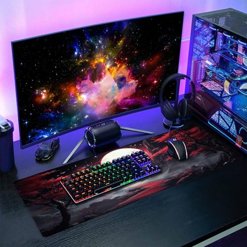 Black Red Japanese Mouse Pad XL Moon Sakura Cherry BLoosm Tree Extended Table Mat 80X30 cm Non-Slip Rubber Base Stitched Edge Large XL Mousepad for Desk Gaming Laptop Desk Top,31.5×11.8 Inch - color: Black Red Japanese-a, size: 31.5 x 11.8 inches
