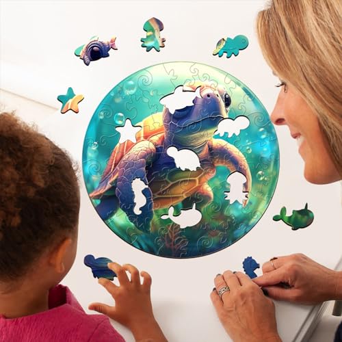 Wooden Puzzles for Kids Ages 4-8, Sea Turtle Puzzle, Unique Animal Shaped Wooden Jigsaw Puzzles for Kid, 50 Pieces Puzzles for Kids(50pcs,11.4 * 11.4in) - color: Baby Turtle