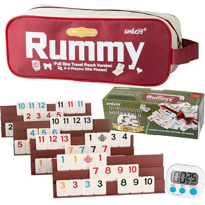 Smilejoy Rummy Cube 4 Players Edition, Full Size Travel Rummy Game Set with Travel Portable Canvas Bag,Classic Board Game for Adults and Kids |106 Tiles | 4 Playing Racks |1 Timing | (2-4 Player) - style: Large (2-4 player)