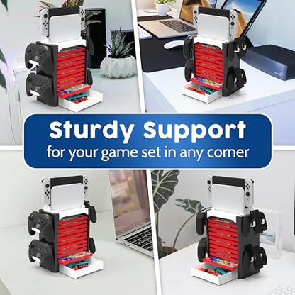 NS Compatible Nintendo Switch Games Holder, Nintendo Switch Stand - White | Holds up to 10 Game Case & 4 controllers Game Disk Rack, Switch Holder Stand for Gamers, Nintendo Switch Accessories - color: White