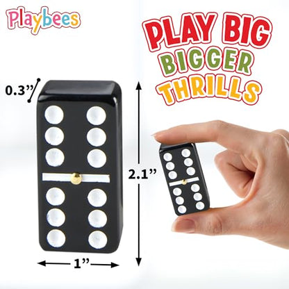 Playbees Jumbo Double Six Dominoes Set - 28 Black Classic Tiles in Faux Leather Case - Fun Educational Toy for Kids, Boys, Girls, Classroom Kit, Classic Game Night Party Favors Set, Travel-Friendly - size: Black