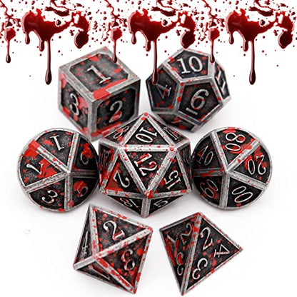 Haxtec Bloodstained Metal DND Dice Set Blood Polyhedral D&D Dice with Leather Dice Bag Compatible with Dungeons and Dragons Gift for DND Lovers TTRPG DM Masters Antique Metal Halloween Dice - color: Iron Red