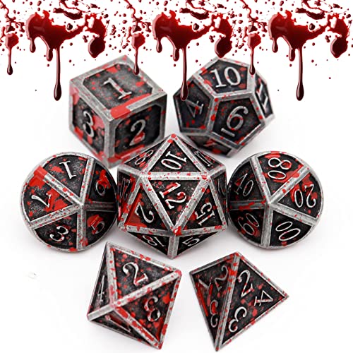 Haxtec Bloodstained Metal DND Dice Set Blood Polyhedral D&D Dice with Leather Dice Bag Compatible with Dungeons and Dragons Gift for DND Lovers TTRPG DM Masters Antique Metal Halloween Dice - color: Iron Red