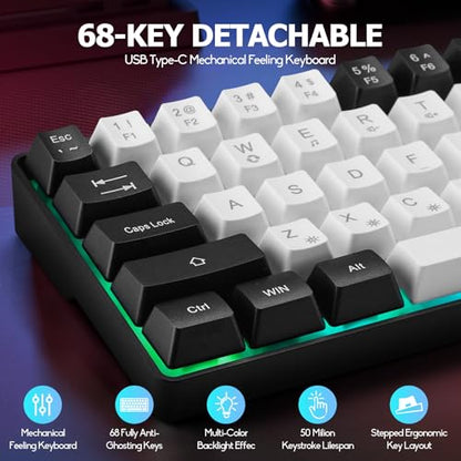 Guiheng Wired Portable 60% Mechanical Gaming Keyboard,RGB LED Backlit Compact 68 Keys Mini Wired Office Keyboard with Red Switch for Windows Laptop PC Mac - White - color: White and black